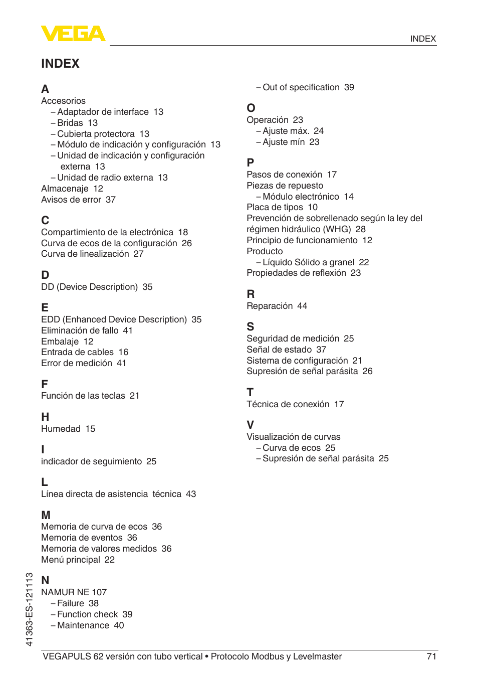 Index | VEGA VEGAPULS 62 (≥ 2.0.0 - ≥ 4.0.0) standpipe ver. Modbus and Levelmaster protocol User Manual | Page 71 / 72