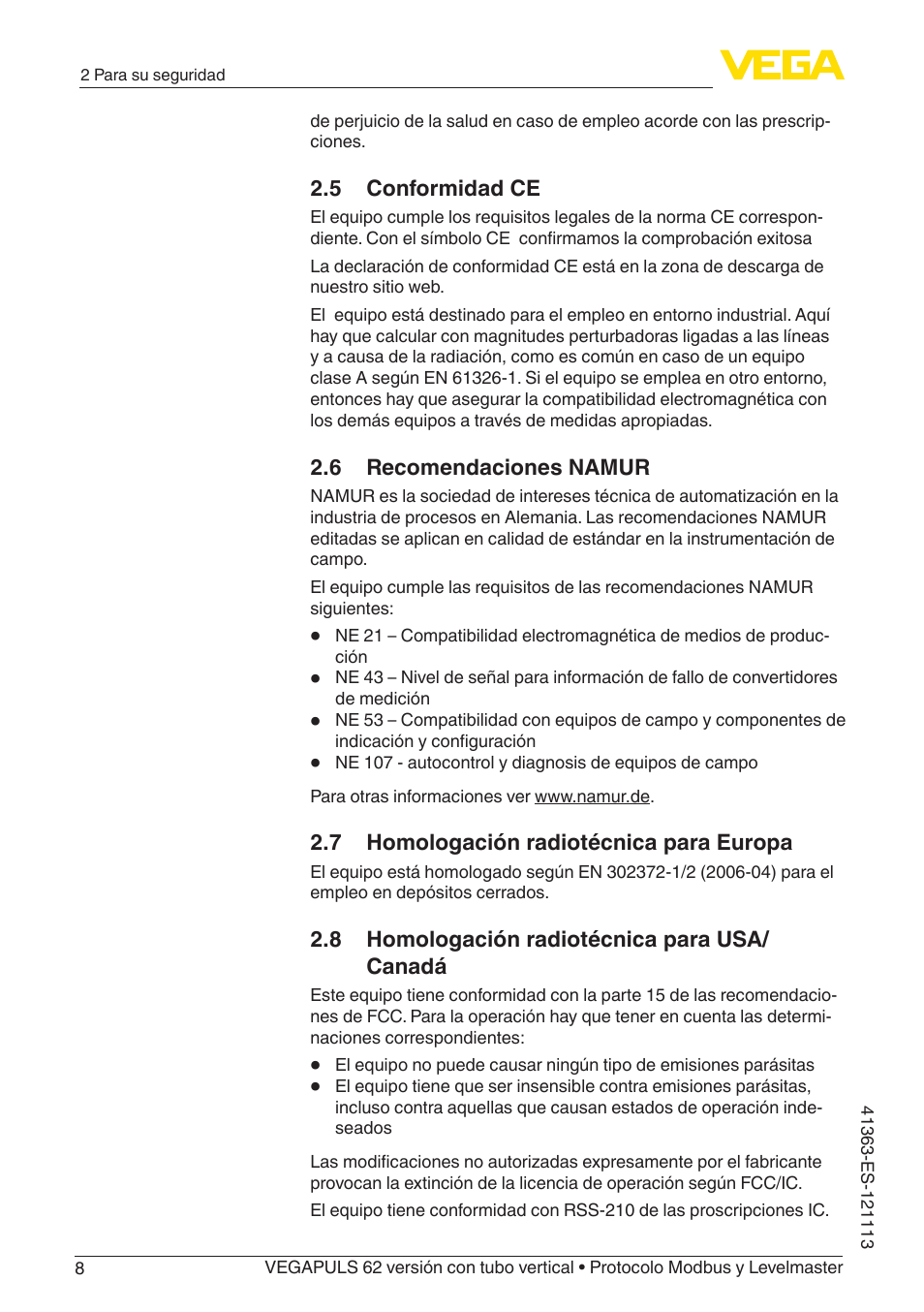 5 conformidad ce, 6 recomendaciones namur | VEGA VEGAPULS 62 (≥ 2.0.0 - ≥ 4.0.0) standpipe ver. Modbus and Levelmaster protocol User Manual | Page 8 / 72
