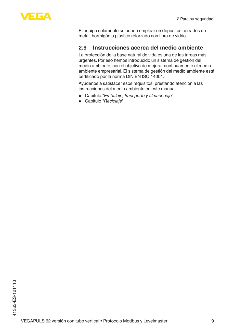 9 instrucciones acerca del medio ambiente | VEGA VEGAPULS 62 (≥ 2.0.0 - ≥ 4.0.0) standpipe ver. Modbus and Levelmaster protocol User Manual | Page 9 / 72