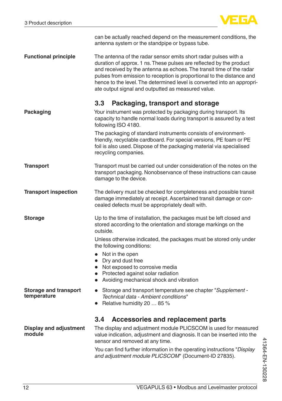 VEGA VEGAPULS 63 (≥ 2.0.0 - ≥ 4.0.0) Modbus and Levelmaster protocol User Manual | Page 12 / 88