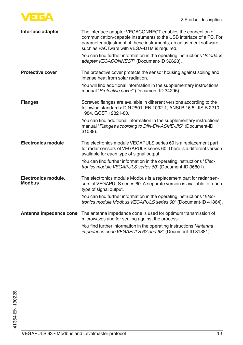 VEGA VEGAPULS 63 (≥ 2.0.0 - ≥ 4.0.0) Modbus and Levelmaster protocol User Manual | Page 13 / 88