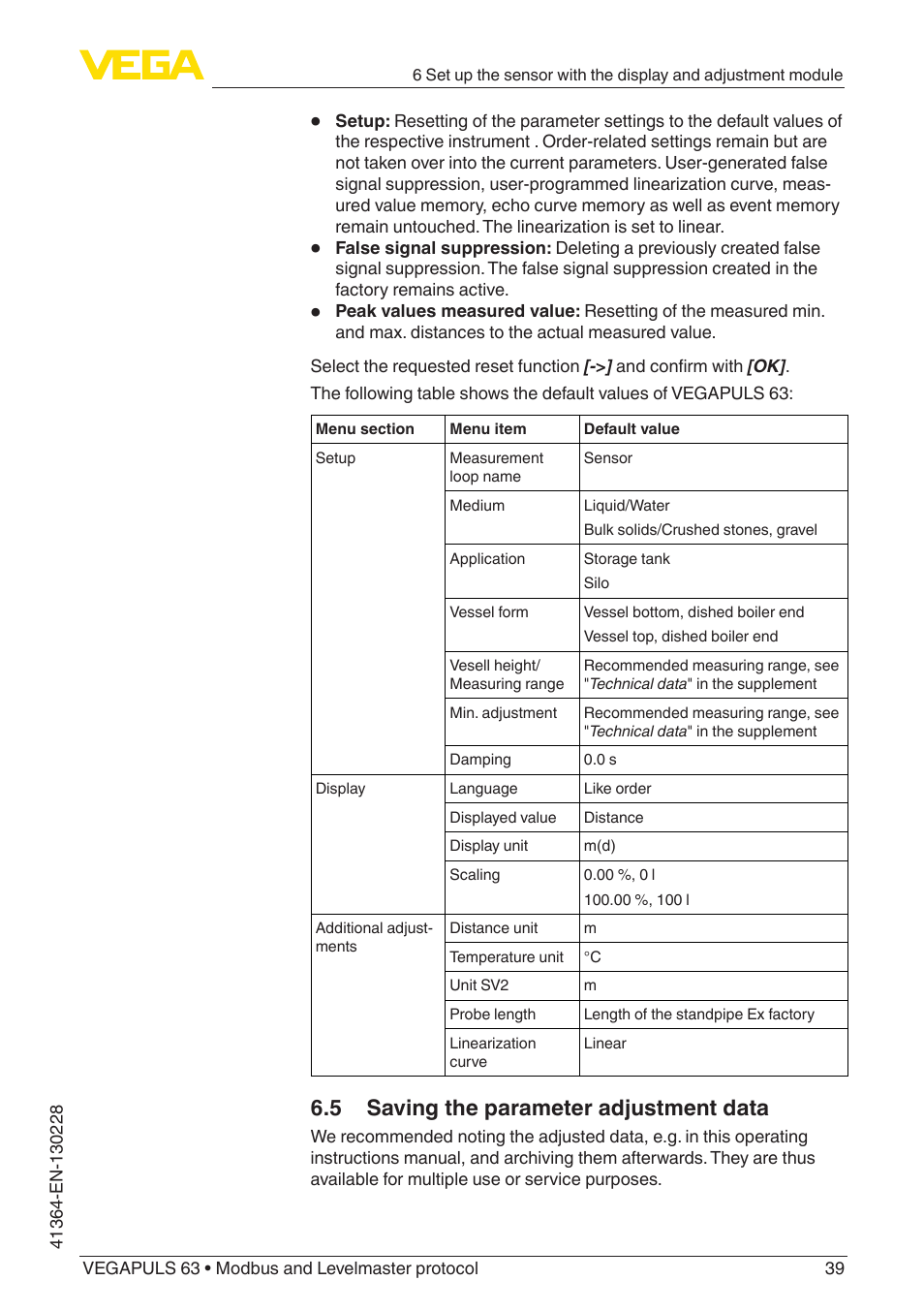 5 saving the parameter adjustment data | VEGA VEGAPULS 63 (≥ 2.0.0 - ≥ 4.0.0) Modbus and Levelmaster protocol User Manual | Page 39 / 88