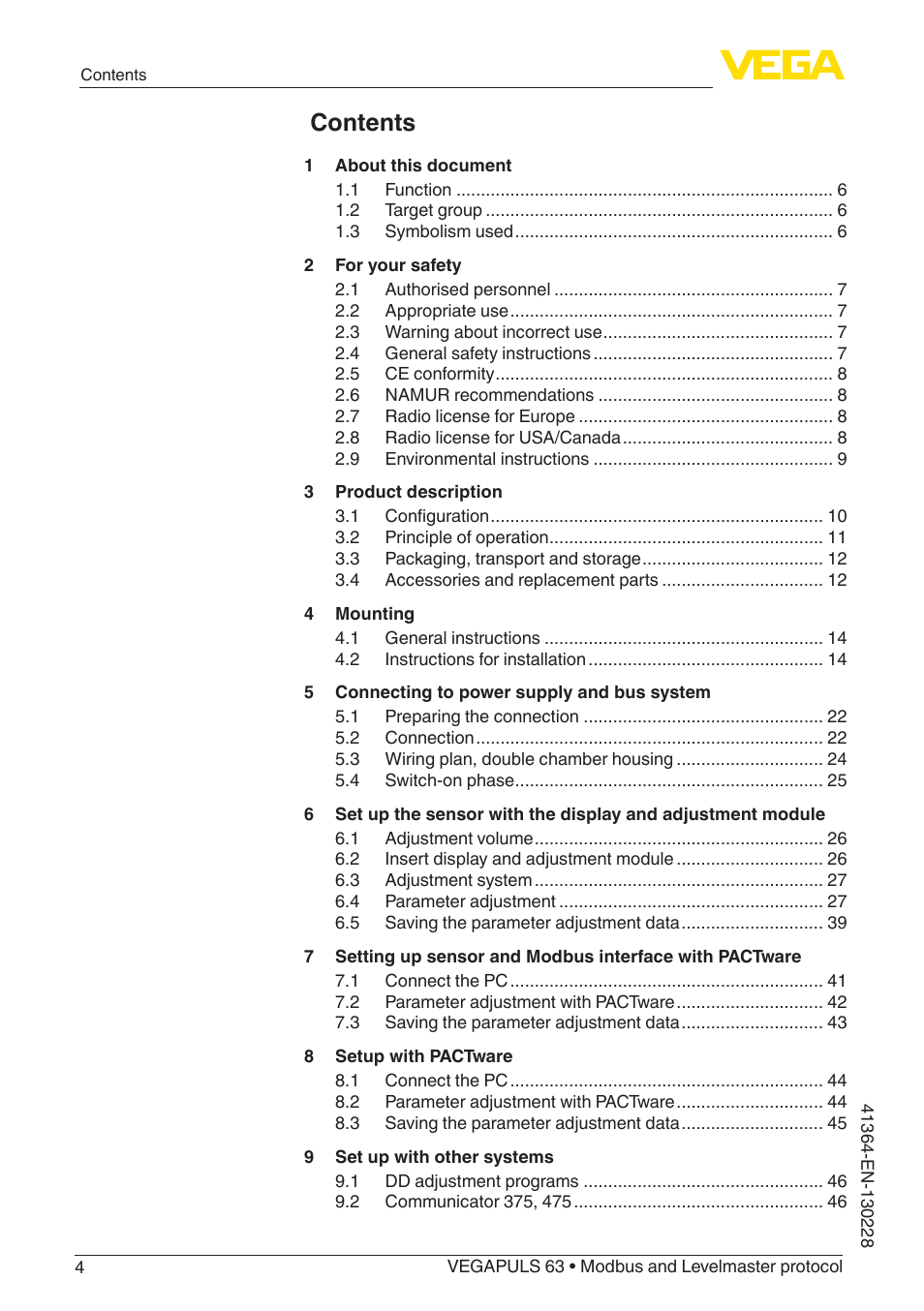 VEGA VEGAPULS 63 (≥ 2.0.0 - ≥ 4.0.0) Modbus and Levelmaster protocol User Manual | Page 4 / 88