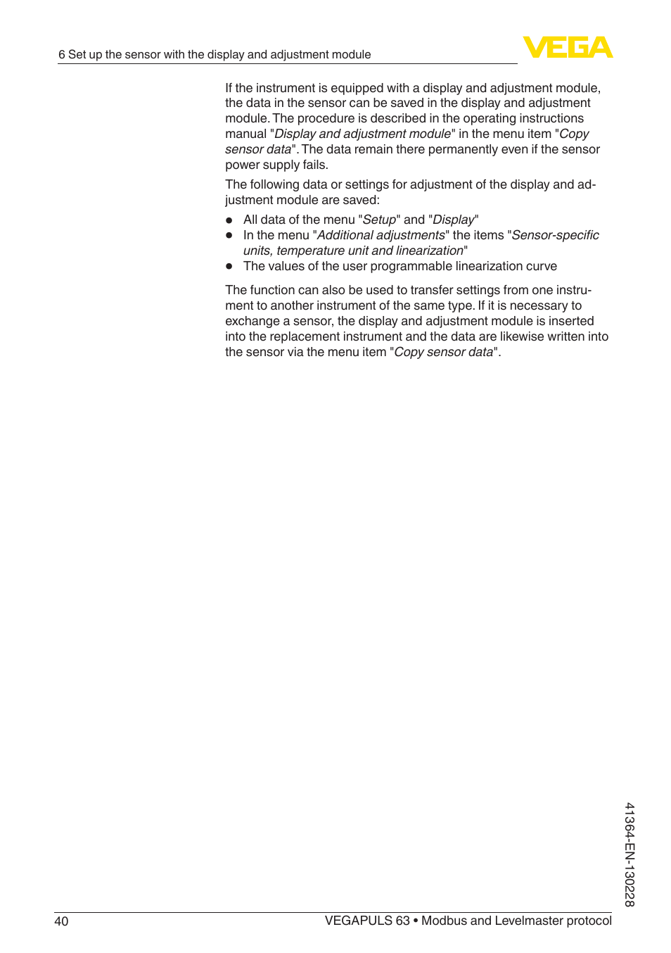 VEGA VEGAPULS 63 (≥ 2.0.0 - ≥ 4.0.0) Modbus and Levelmaster protocol User Manual | Page 40 / 88