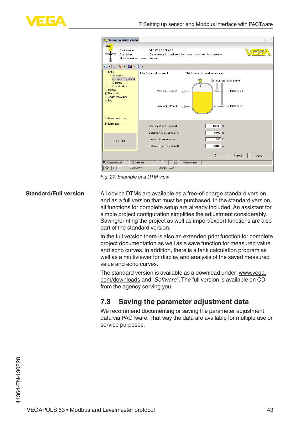 3 saving the parameter adjustment data | VEGA VEGAPULS 63 (≥ 2.0.0 - ≥ 4.0.0) Modbus and Levelmaster protocol User Manual | Page 43 / 88