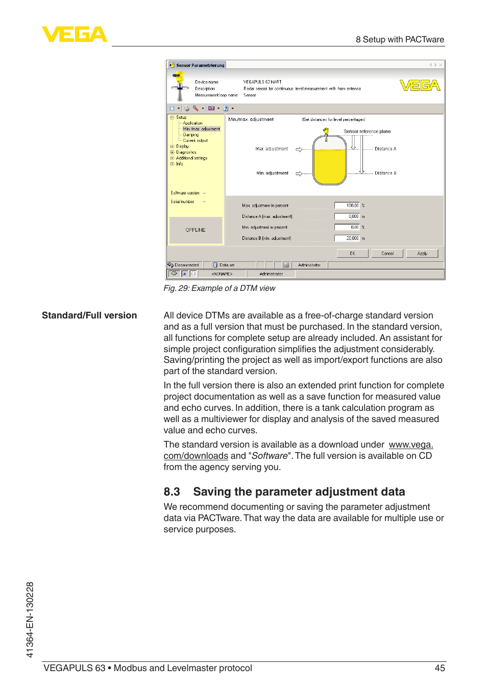 3 saving the parameter adjustment data | VEGA VEGAPULS 63 (≥ 2.0.0 - ≥ 4.0.0) Modbus and Levelmaster protocol User Manual | Page 45 / 88