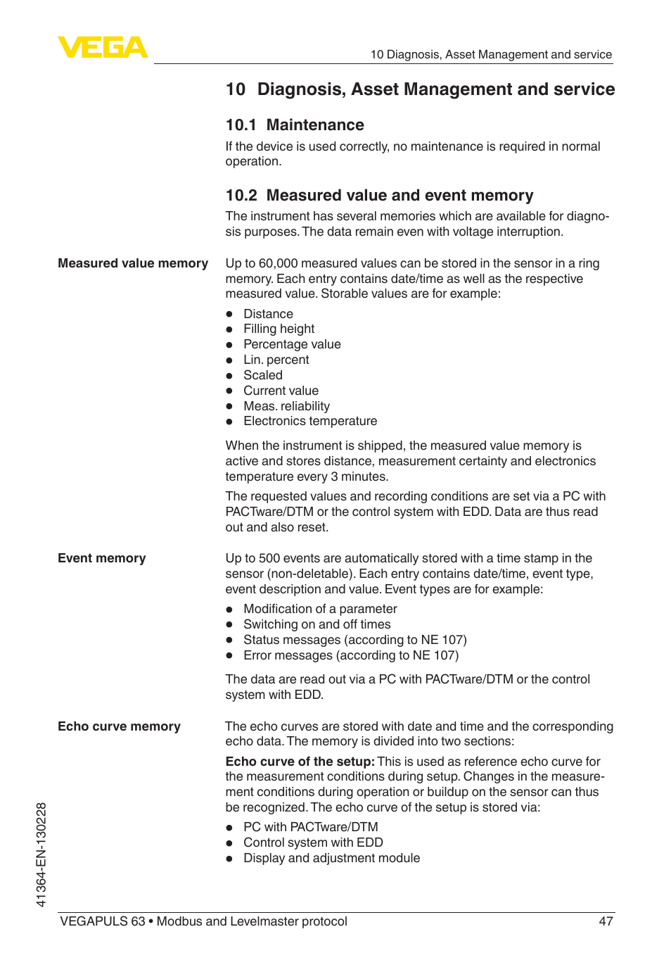 10 diagnosis, asset management and service | VEGA VEGAPULS 63 (≥ 2.0.0 - ≥ 4.0.0) Modbus and Levelmaster protocol User Manual | Page 47 / 88