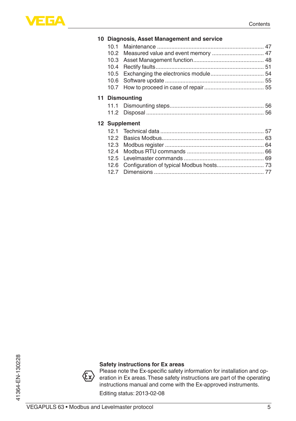 VEGA VEGAPULS 63 (≥ 2.0.0 - ≥ 4.0.0) Modbus and Levelmaster protocol User Manual | Page 5 / 88