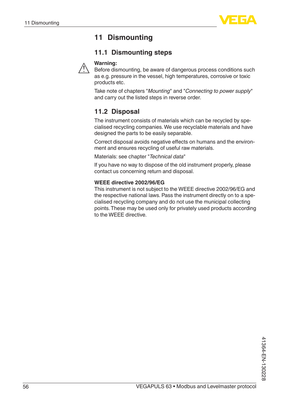 11 dismounting | VEGA VEGAPULS 63 (≥ 2.0.0 - ≥ 4.0.0) Modbus and Levelmaster protocol User Manual | Page 56 / 88
