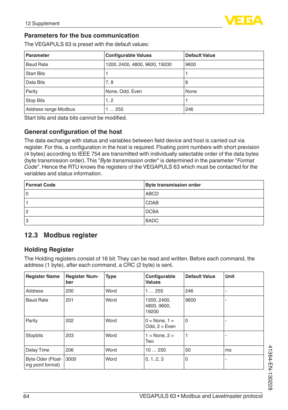 3 modbus register, Parameters for the bus communication, General configuration of the host | Holding register | VEGA VEGAPULS 63 (≥ 2.0.0 - ≥ 4.0.0) Modbus and Levelmaster protocol User Manual | Page 64 / 88