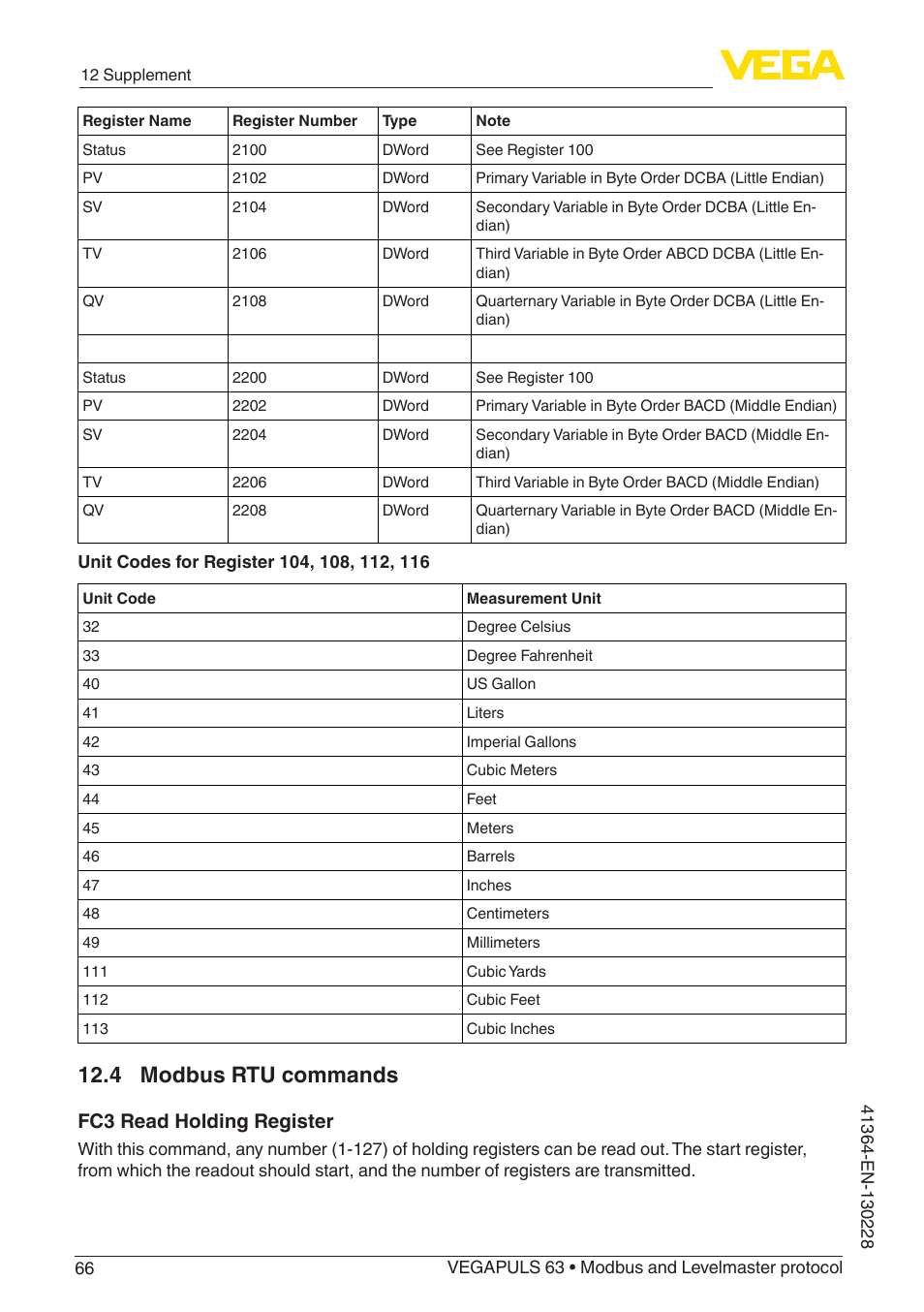 4 modbus rtu commands, Fc3 read holding register | VEGA VEGAPULS 63 (≥ 2.0.0 - ≥ 4.0.0) Modbus and Levelmaster protocol User Manual | Page 66 / 88