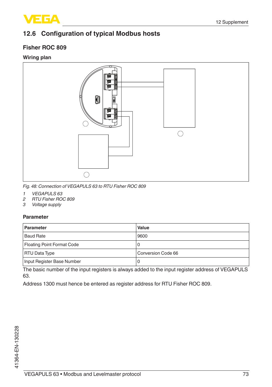 6 configuration of typical modbus hosts, Fisher roc 809, Wiring plan | Parameter, 12 supplement | VEGA VEGAPULS 63 (≥ 2.0.0 - ≥ 4.0.0) Modbus and Levelmaster protocol User Manual | Page 73 / 88