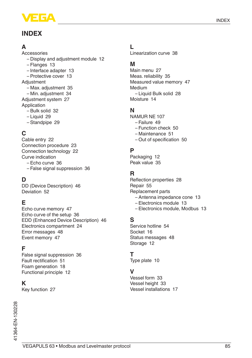 Index | VEGA VEGAPULS 63 (≥ 2.0.0 - ≥ 4.0.0) Modbus and Levelmaster protocol User Manual | Page 85 / 88