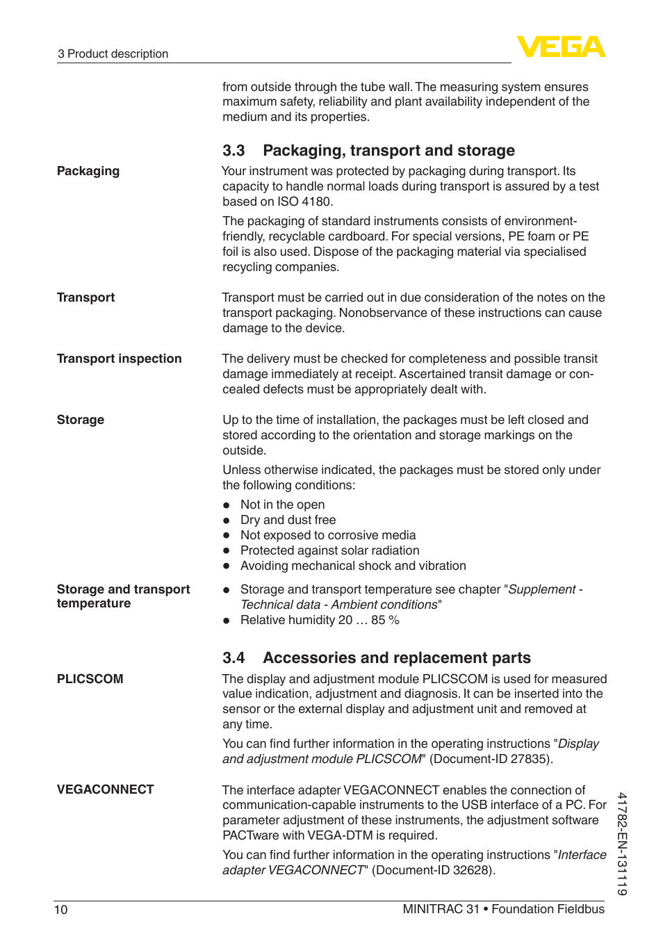 3 packaging, transport and storage, 4 accessories and replacement parts | VEGA MINITRAC 31 Foundation Fieldbus User Manual | Page 10 / 88