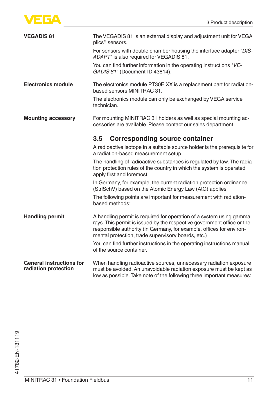 5 corresponding source container | VEGA MINITRAC 31 Foundation Fieldbus User Manual | Page 11 / 88