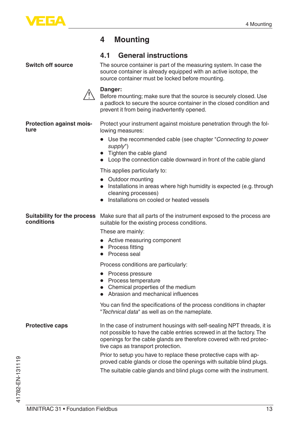 4 mounting, 1 general instructions | VEGA MINITRAC 31 Foundation Fieldbus User Manual | Page 13 / 88