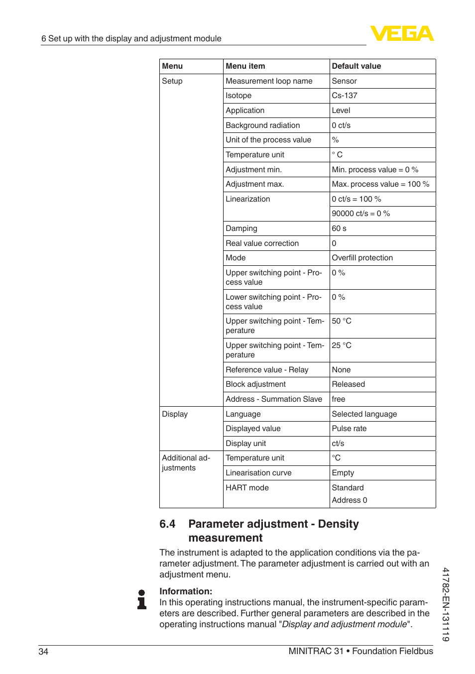 4 parameter adjustment - density measurement | VEGA MINITRAC 31 Foundation Fieldbus User Manual | Page 34 / 88