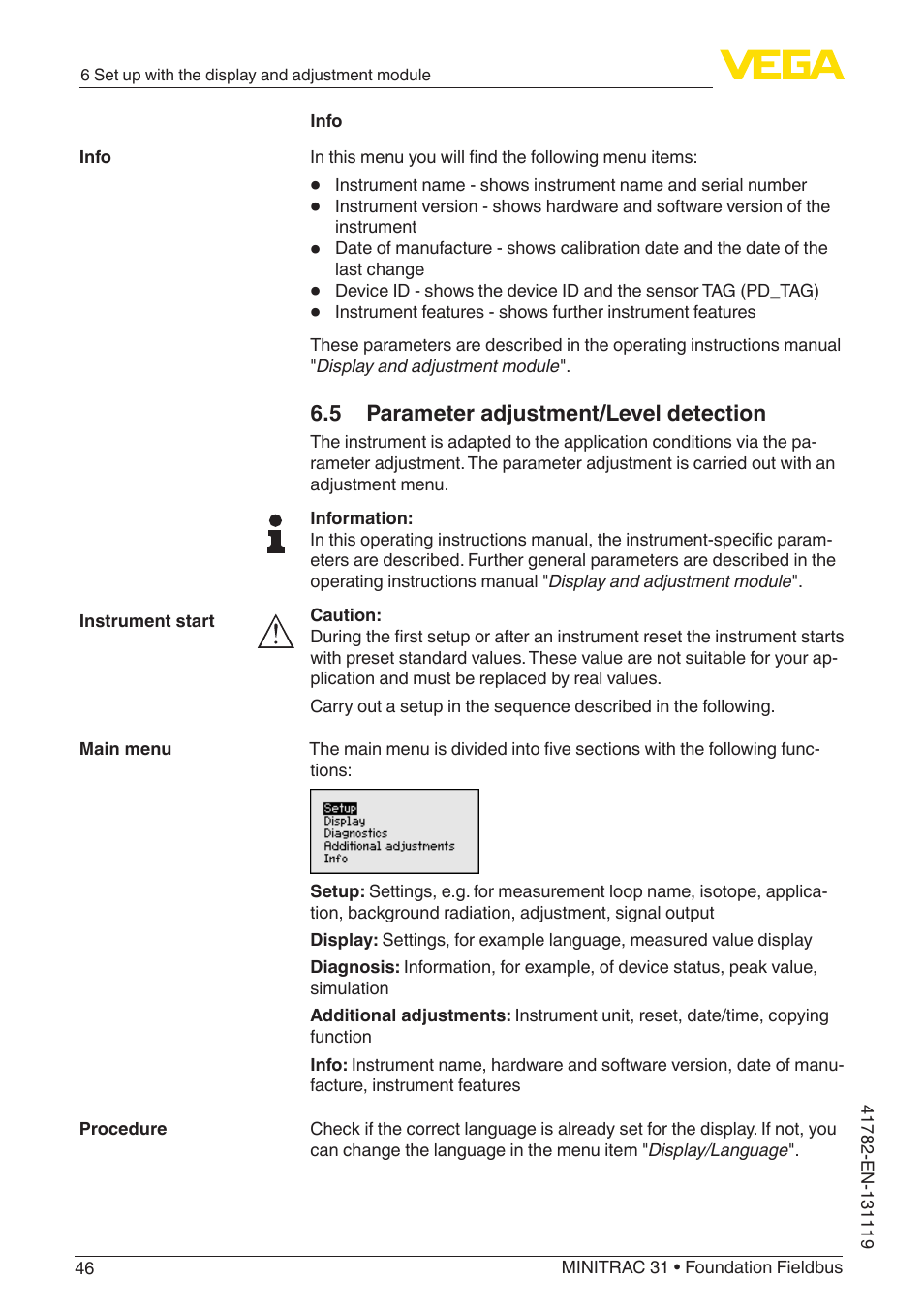 5 parameter adjustment/level detection | VEGA MINITRAC 31 Foundation Fieldbus User Manual | Page 46 / 88