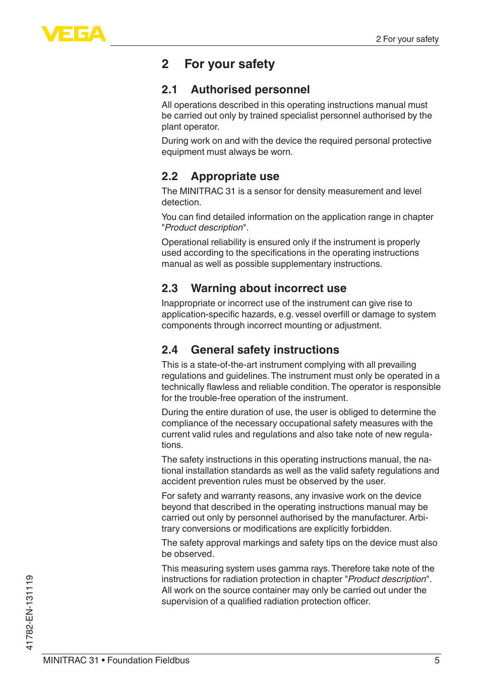 2 for your safety, 1 authorised personnel, 2 appropriate use | 3 warning about incorrect use, 4 general safety instructions | VEGA MINITRAC 31 Foundation Fieldbus User Manual | Page 5 / 88