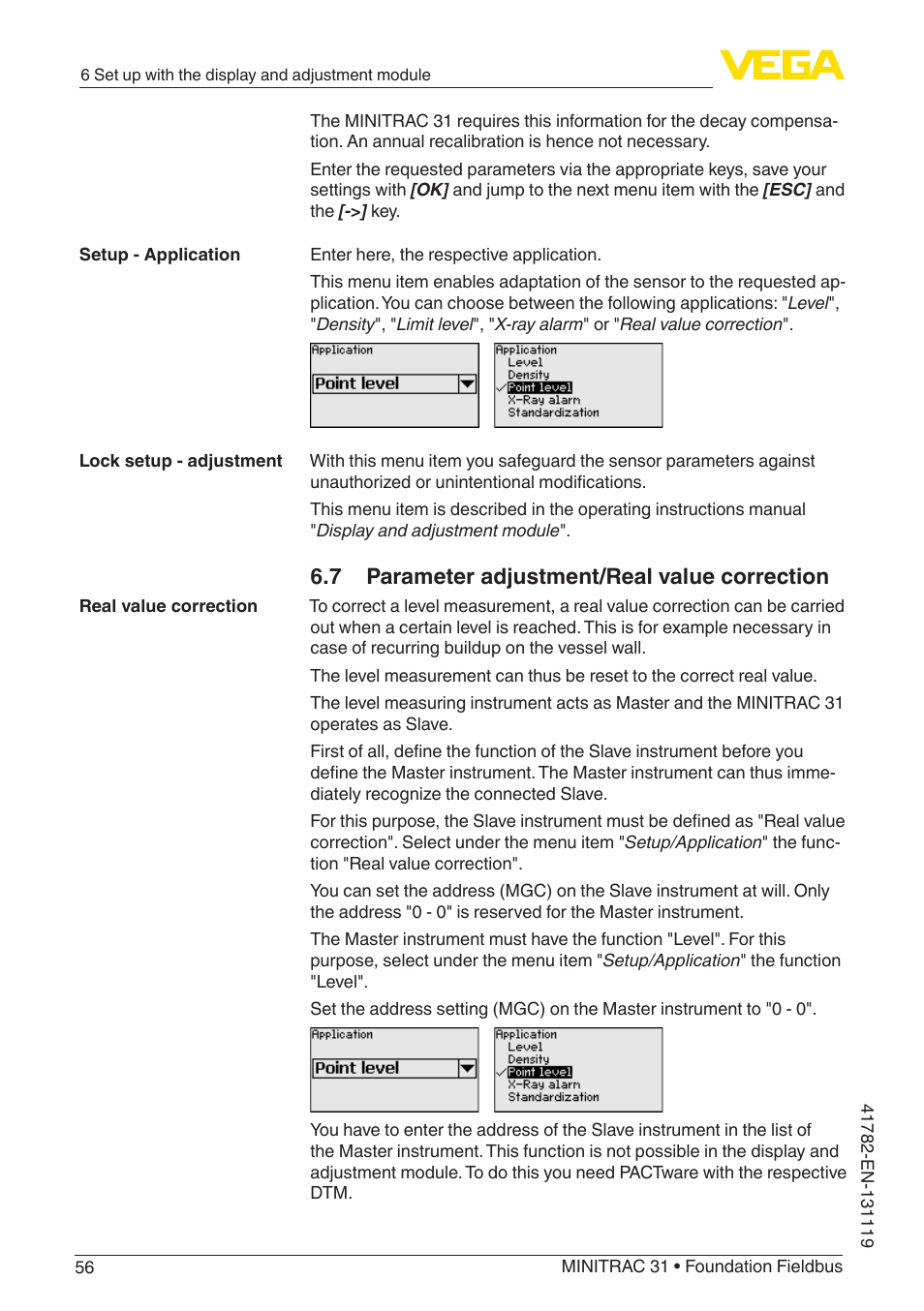 7 parameter adjustment/real value correction | VEGA MINITRAC 31 Foundation Fieldbus User Manual | Page 56 / 88