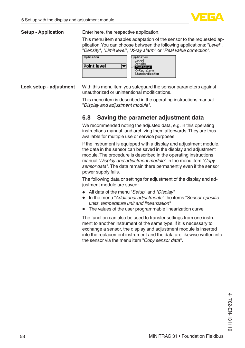 8 saving the parameter adjustment data | VEGA MINITRAC 31 Foundation Fieldbus User Manual | Page 58 / 88