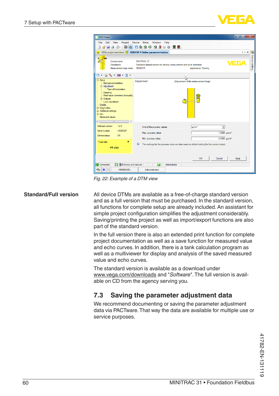3 saving the parameter adjustment data | VEGA MINITRAC 31 Foundation Fieldbus User Manual | Page 60 / 88