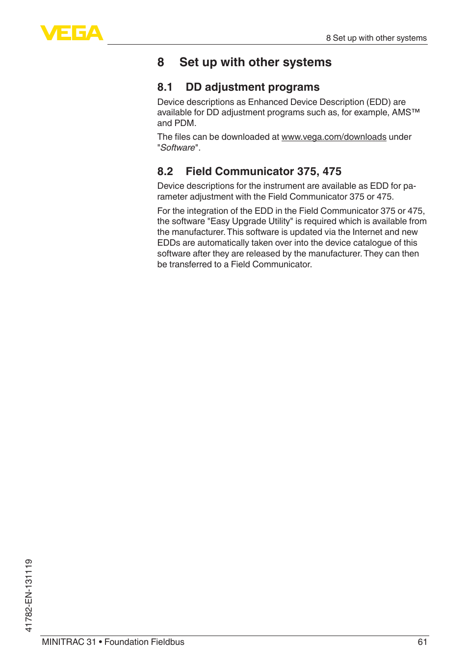 8 set up with other systems, 1 dd adjustment programs, 2 field communicator 375, 475 | VEGA MINITRAC 31 Foundation Fieldbus User Manual | Page 61 / 88