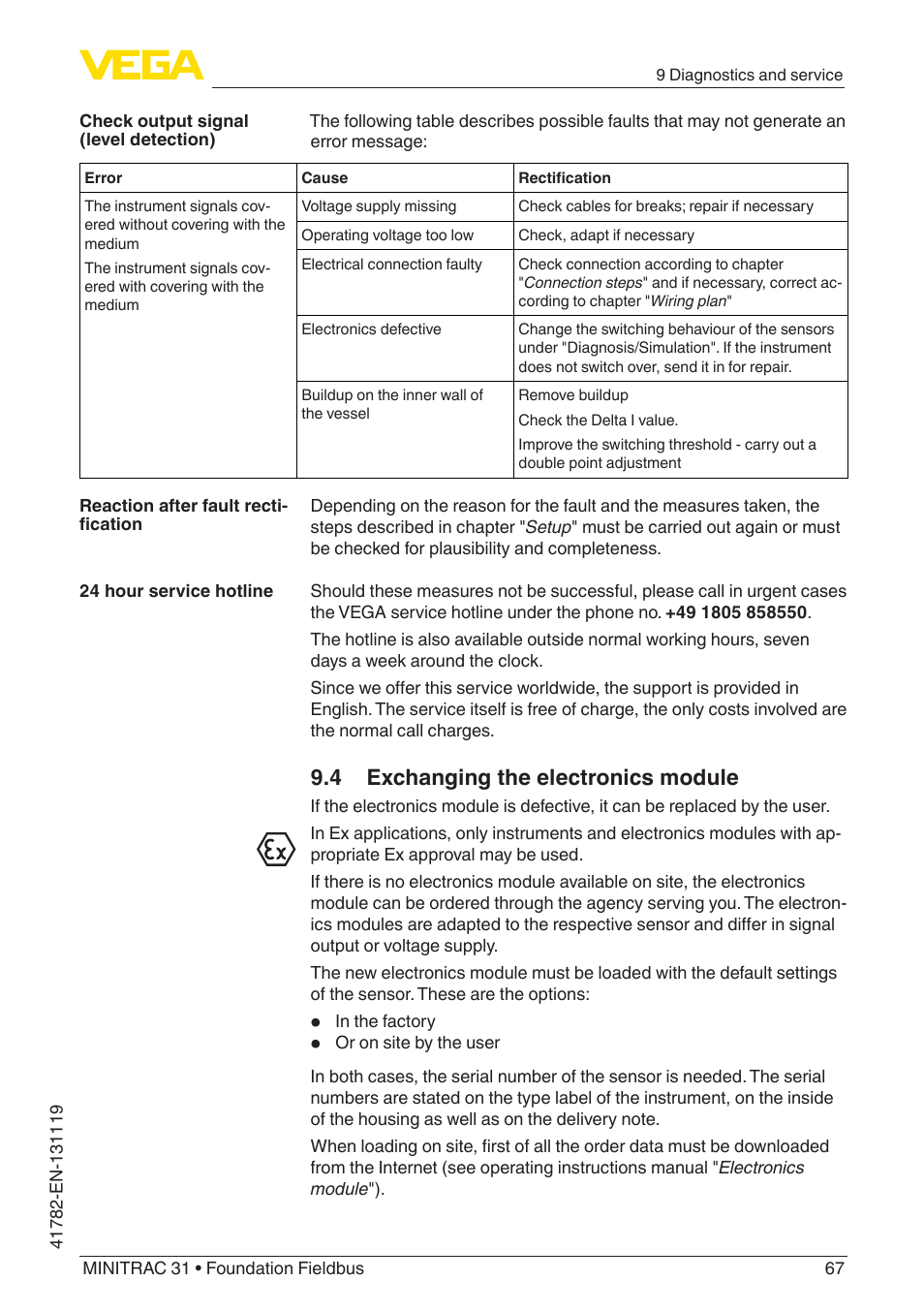 4 exchanging the electronics module | VEGA MINITRAC 31 Foundation Fieldbus User Manual | Page 67 / 88