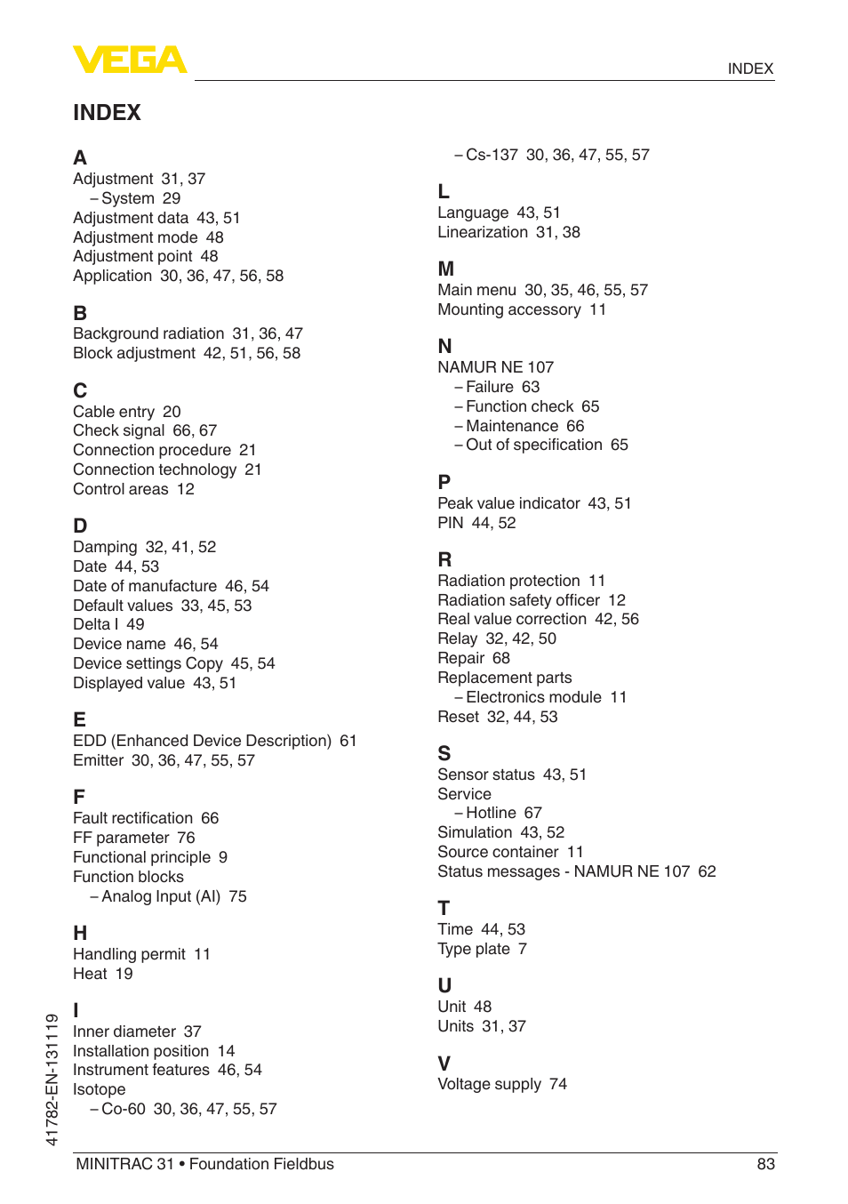Index | VEGA MINITRAC 31 Foundation Fieldbus User Manual | Page 83 / 88