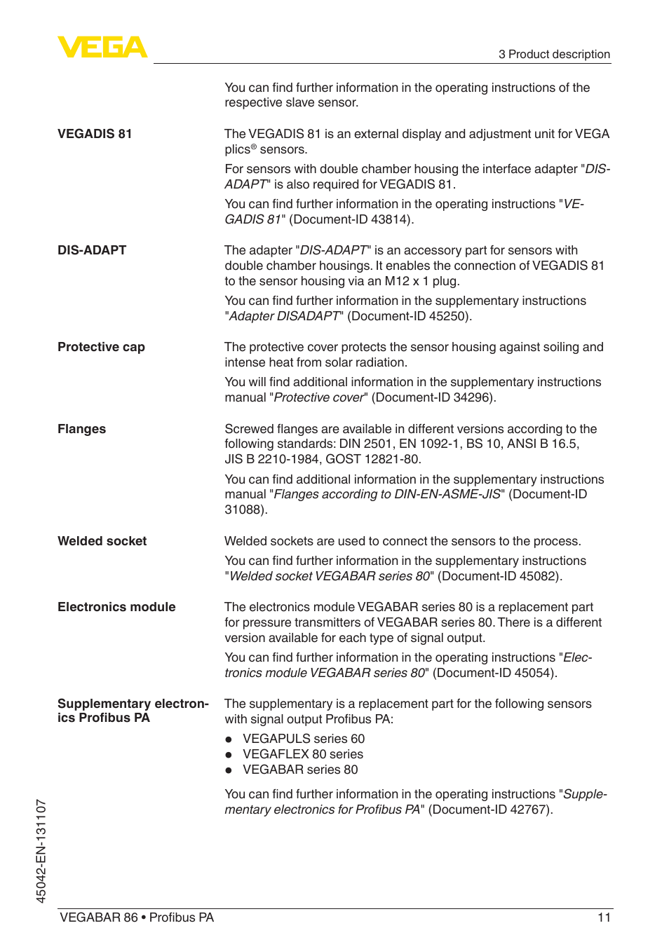 VEGA VEGABAR 86 Profibus PA - Operating Instructions User Manual | Page 11 / 80