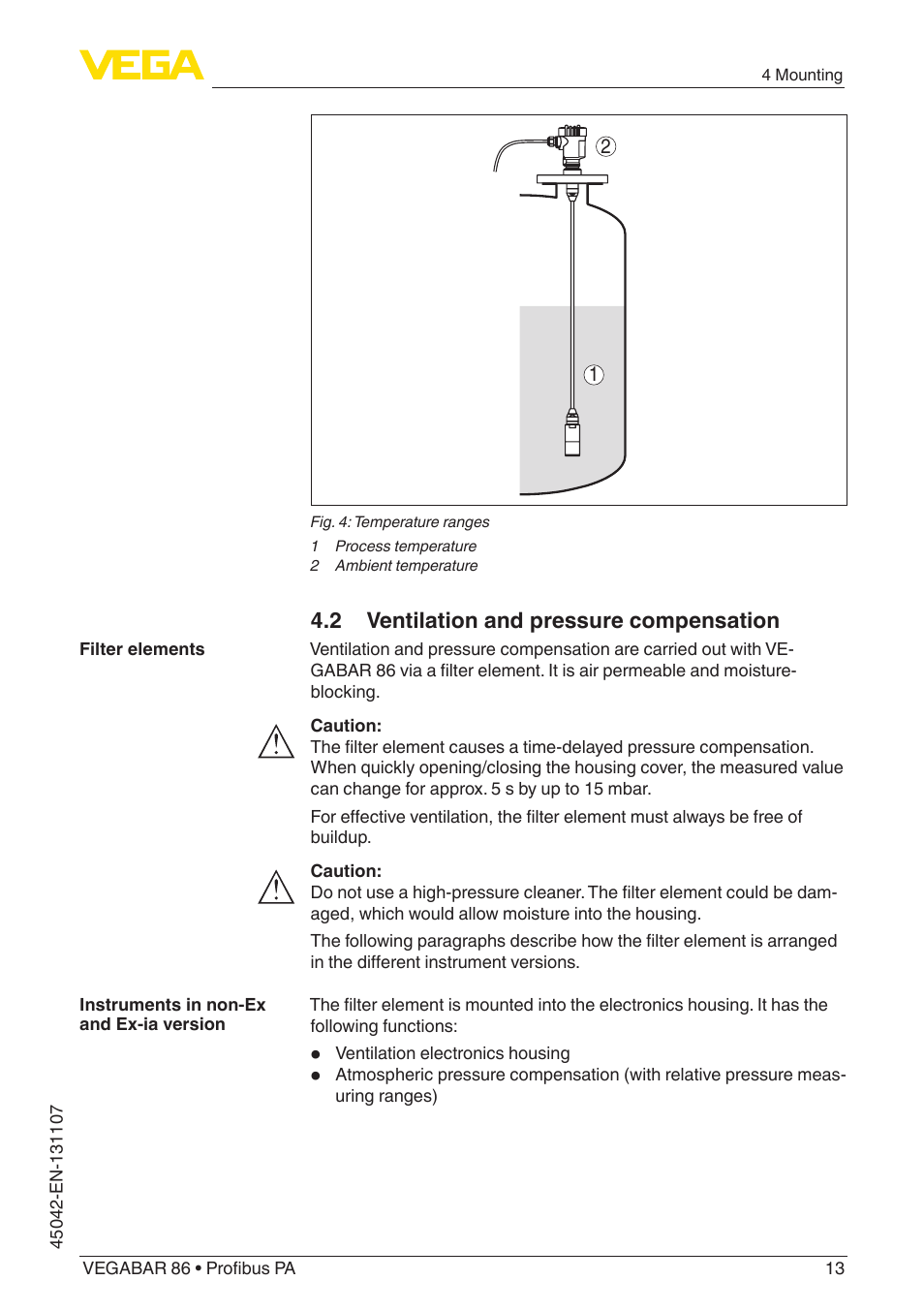 2 ventilation and pressure compensation | VEGA VEGABAR 86 Profibus PA - Operating Instructions User Manual | Page 13 / 80