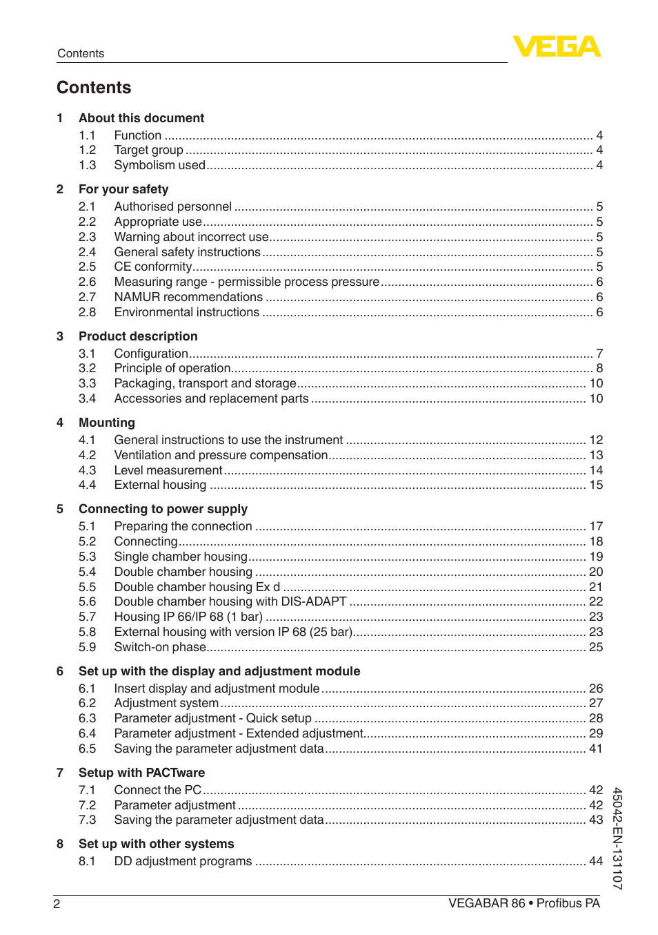 VEGA VEGABAR 86 Profibus PA - Operating Instructions User Manual | Page 2 / 80