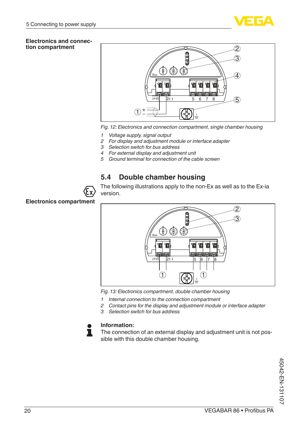 4 double chamber housing, 5 connecting to power supply | VEGA VEGABAR 86 Profibus PA - Operating Instructions User Manual | Page 20 / 80