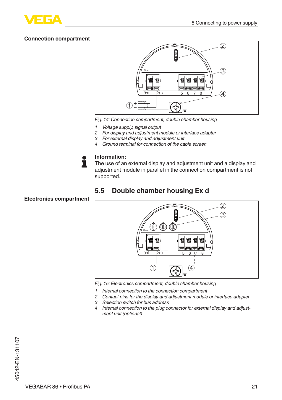5 double chamber housing ex d, Connection compartment electronics compartment, 5 connecting to power supply | VEGA VEGABAR 86 Profibus PA - Operating Instructions User Manual | Page 21 / 80
