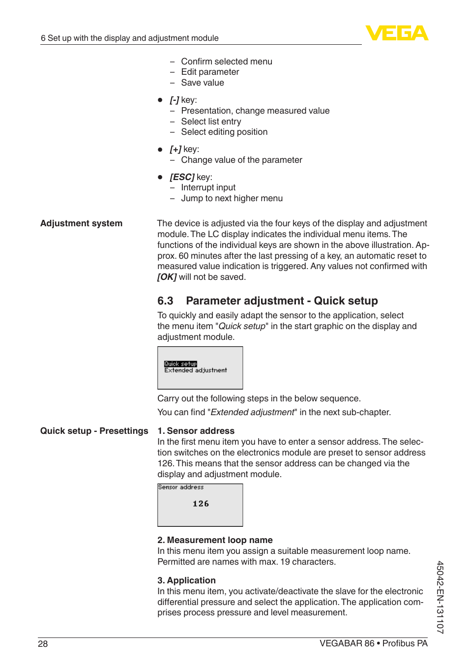 3 parameter adjustment - quick setup | VEGA VEGABAR 86 Profibus PA - Operating Instructions User Manual | Page 28 / 80