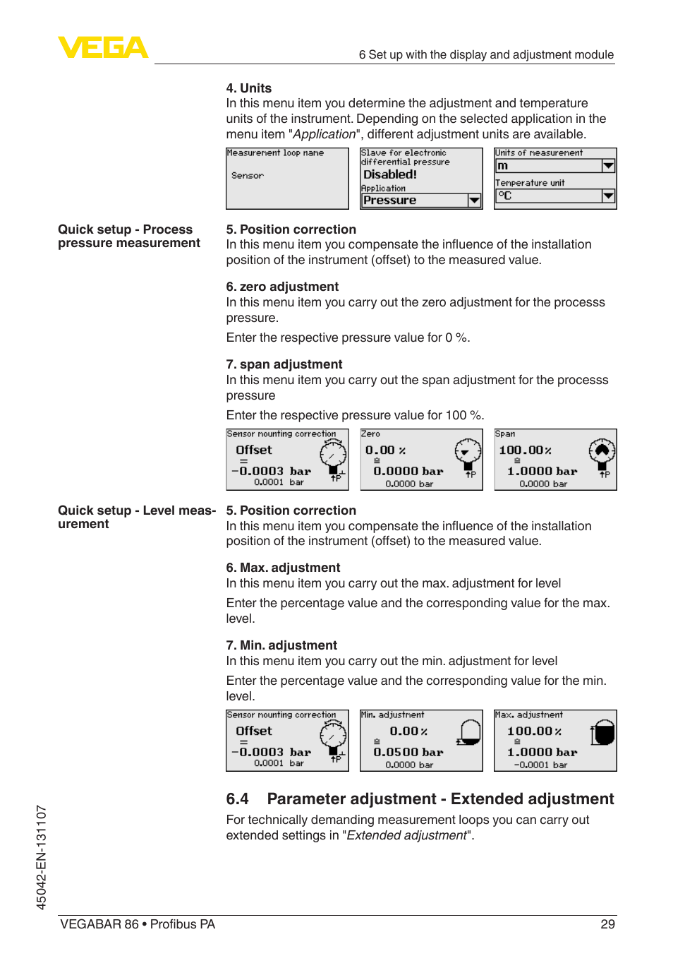 4 parameter adjustment - extended adjustment | VEGA VEGABAR 86 Profibus PA - Operating Instructions User Manual | Page 29 / 80