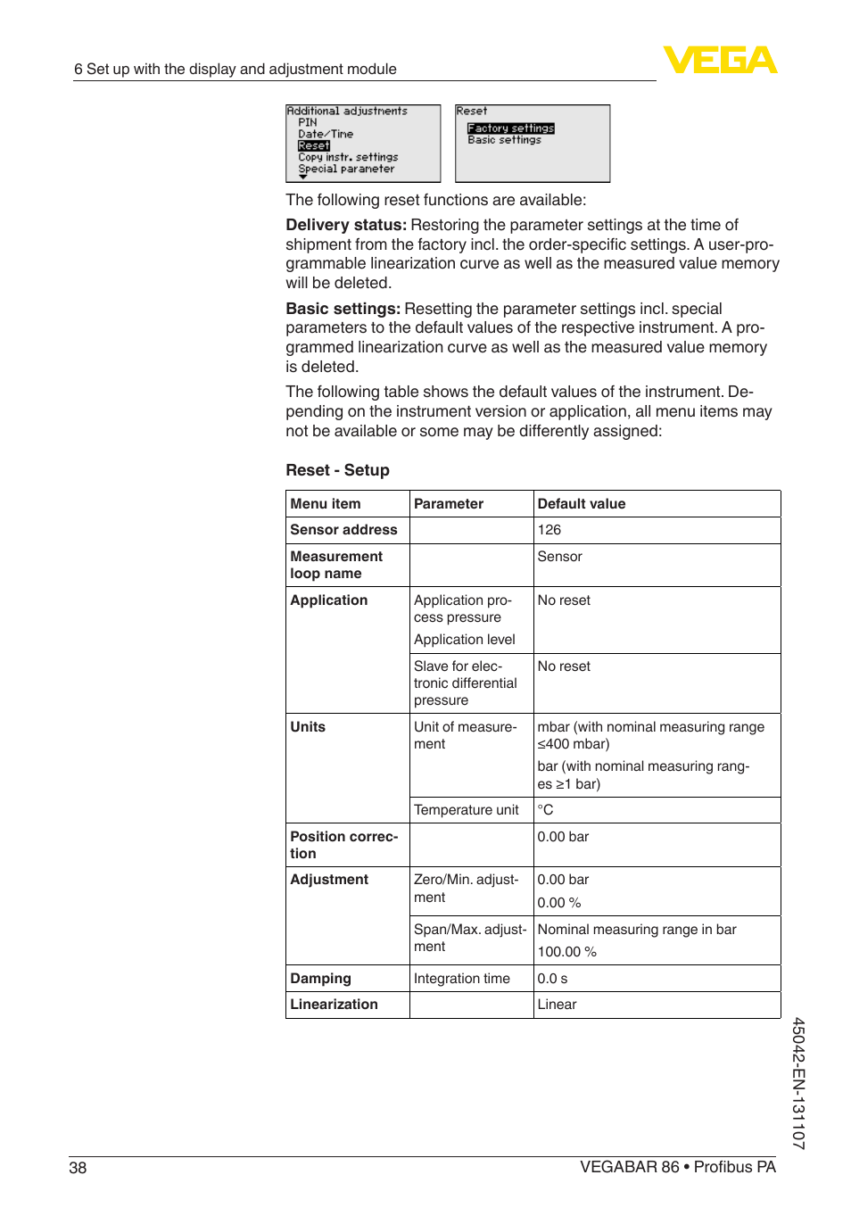 VEGA VEGABAR 86 Profibus PA - Operating Instructions User Manual | Page 38 / 80
