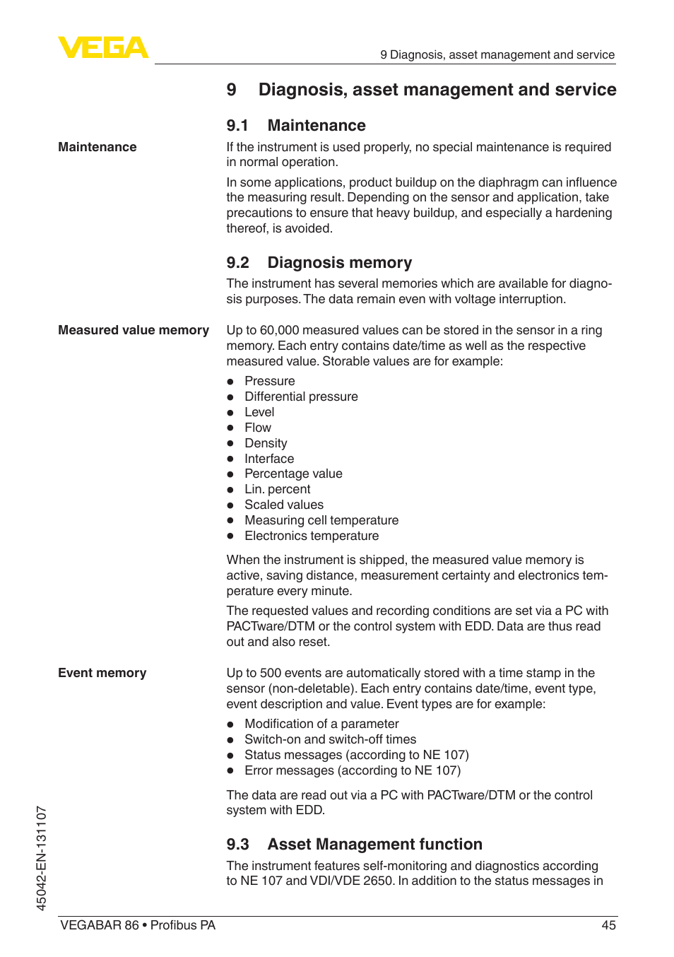 9 diagnosis, asset management and service, 1 maintenance, 2 diagnosis memory | 3 asset management function | VEGA VEGABAR 86 Profibus PA - Operating Instructions User Manual | Page 45 / 80