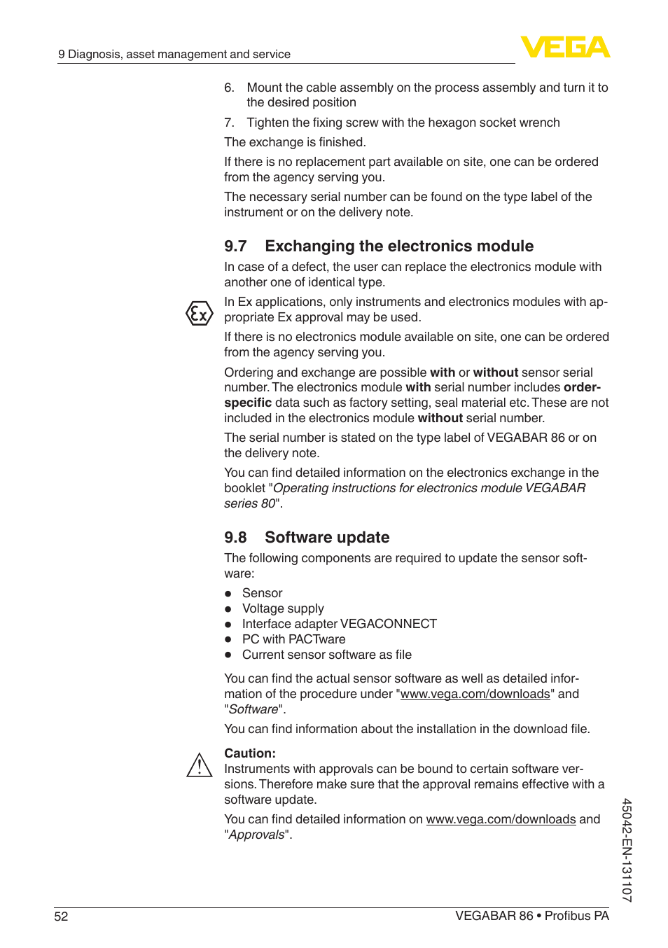 7 exchanging the electronics module, 8 software update | VEGA VEGABAR 86 Profibus PA - Operating Instructions User Manual | Page 52 / 80