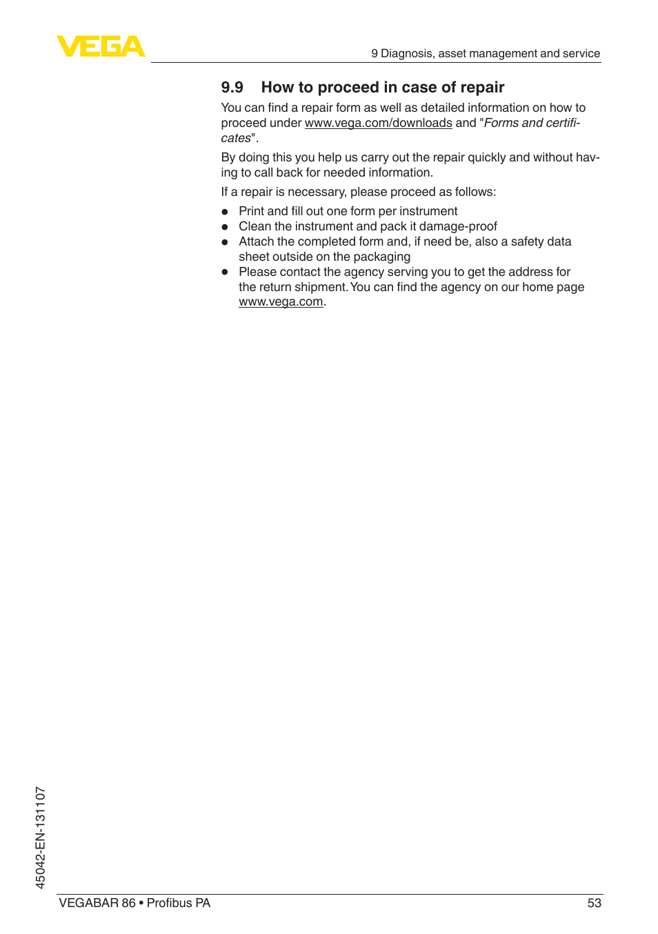 9 how to proceed in case of repair | VEGA VEGABAR 86 Profibus PA - Operating Instructions User Manual | Page 53 / 80