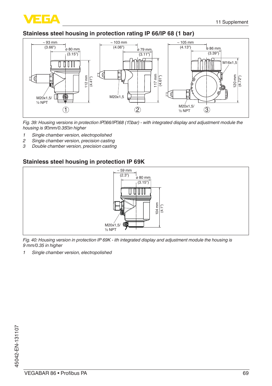 Stainless steel housing in protection ip 69k | VEGA VEGABAR 86 Profibus PA - Operating Instructions User Manual | Page 69 / 80