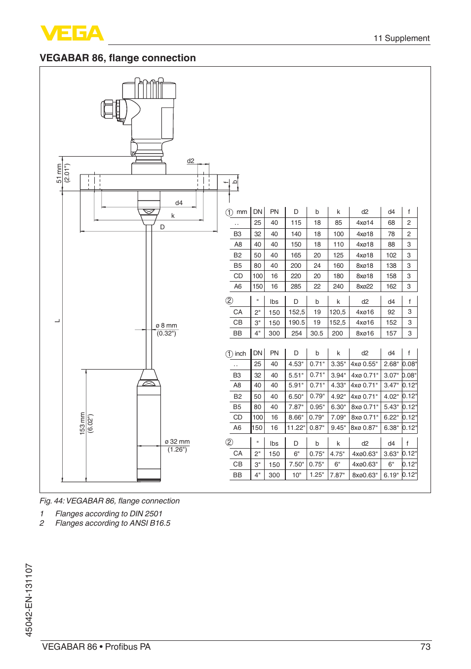 Vegabar 86, flange connection, 11 supplement | VEGA VEGABAR 86 Profibus PA - Operating Instructions User Manual | Page 73 / 80