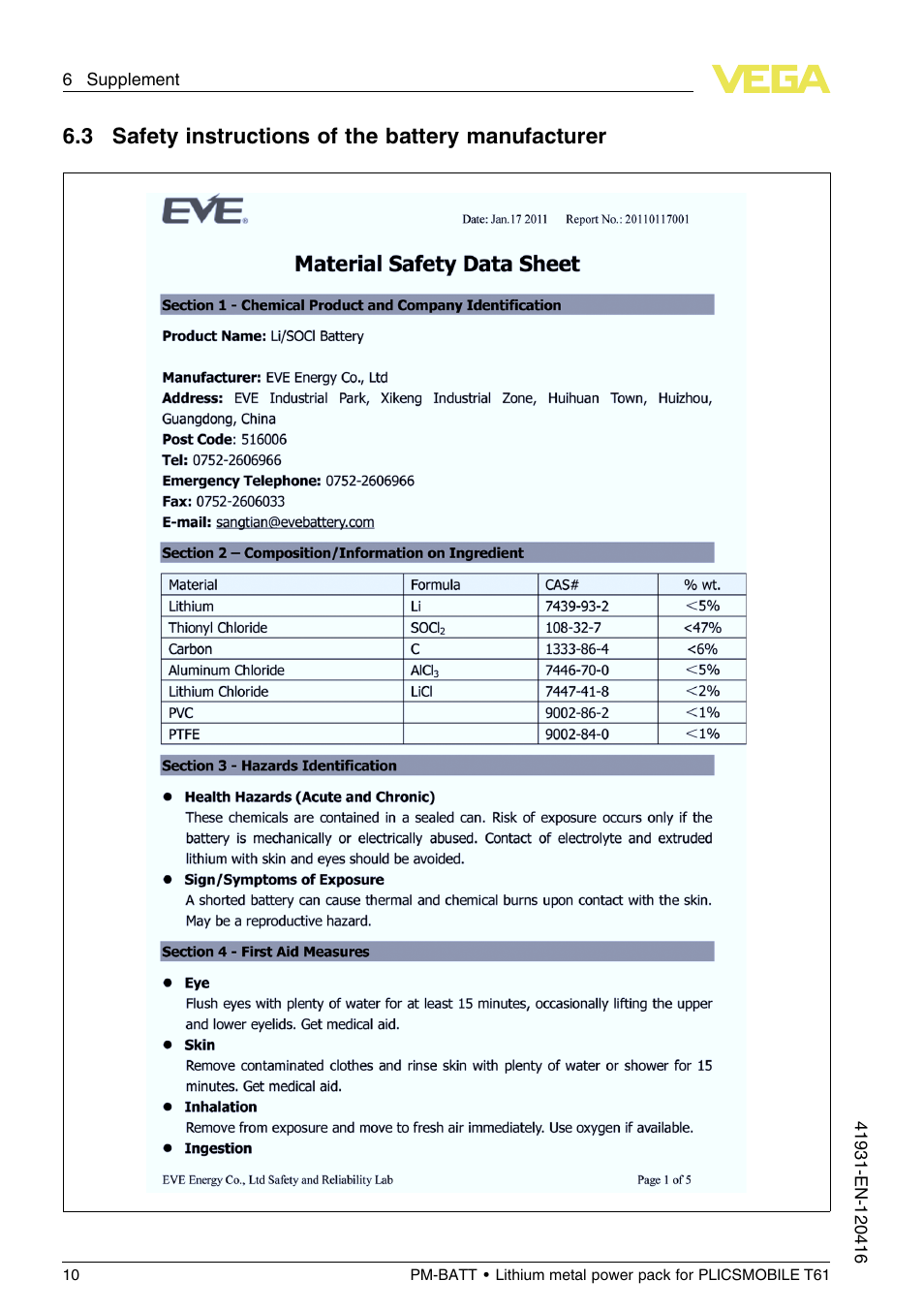 3 safety instructions of the battery manufacturer | VEGA PM-BATT User Manual | Page 10 / 16