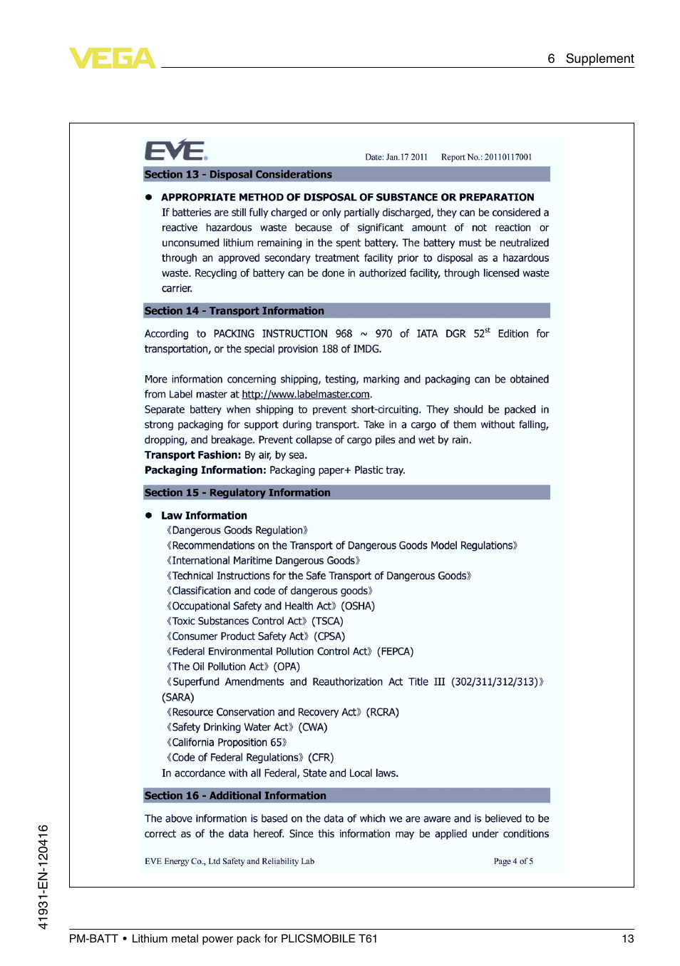 VEGA PM-BATT User Manual | Page 13 / 16