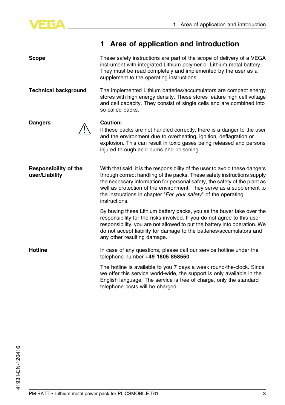 1 area of application and introduction, 1area of application and introduction | VEGA PM-BATT User Manual | Page 3 / 16