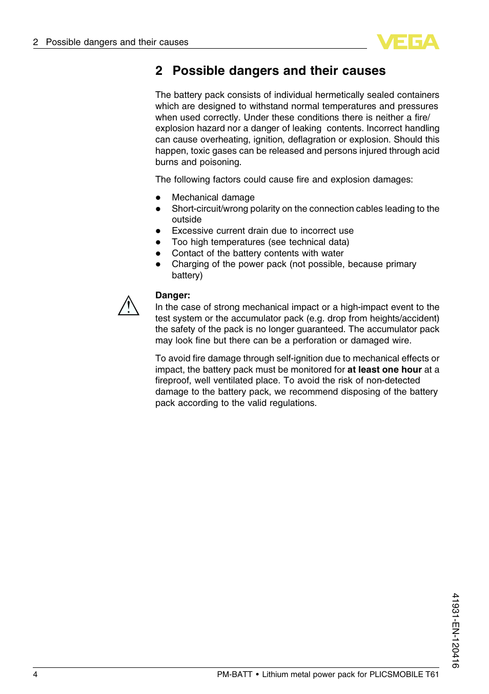 2 possible dangers and their causes, 2possible dangers and their causes | VEGA PM-BATT User Manual | Page 4 / 16