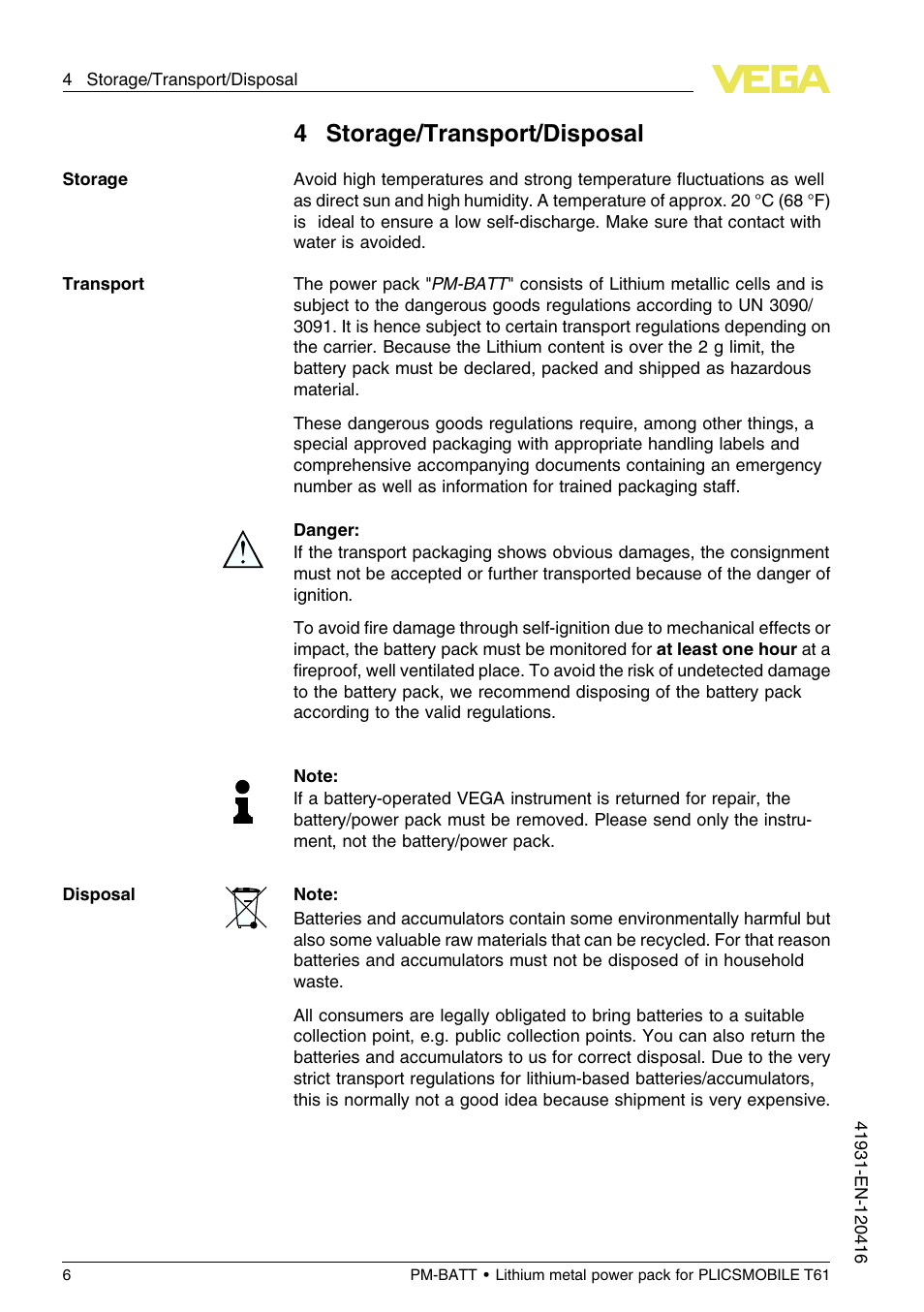 4 storage/transport/disposal, 4storage/transport/disposal | VEGA PM-BATT User Manual | Page 6 / 16
