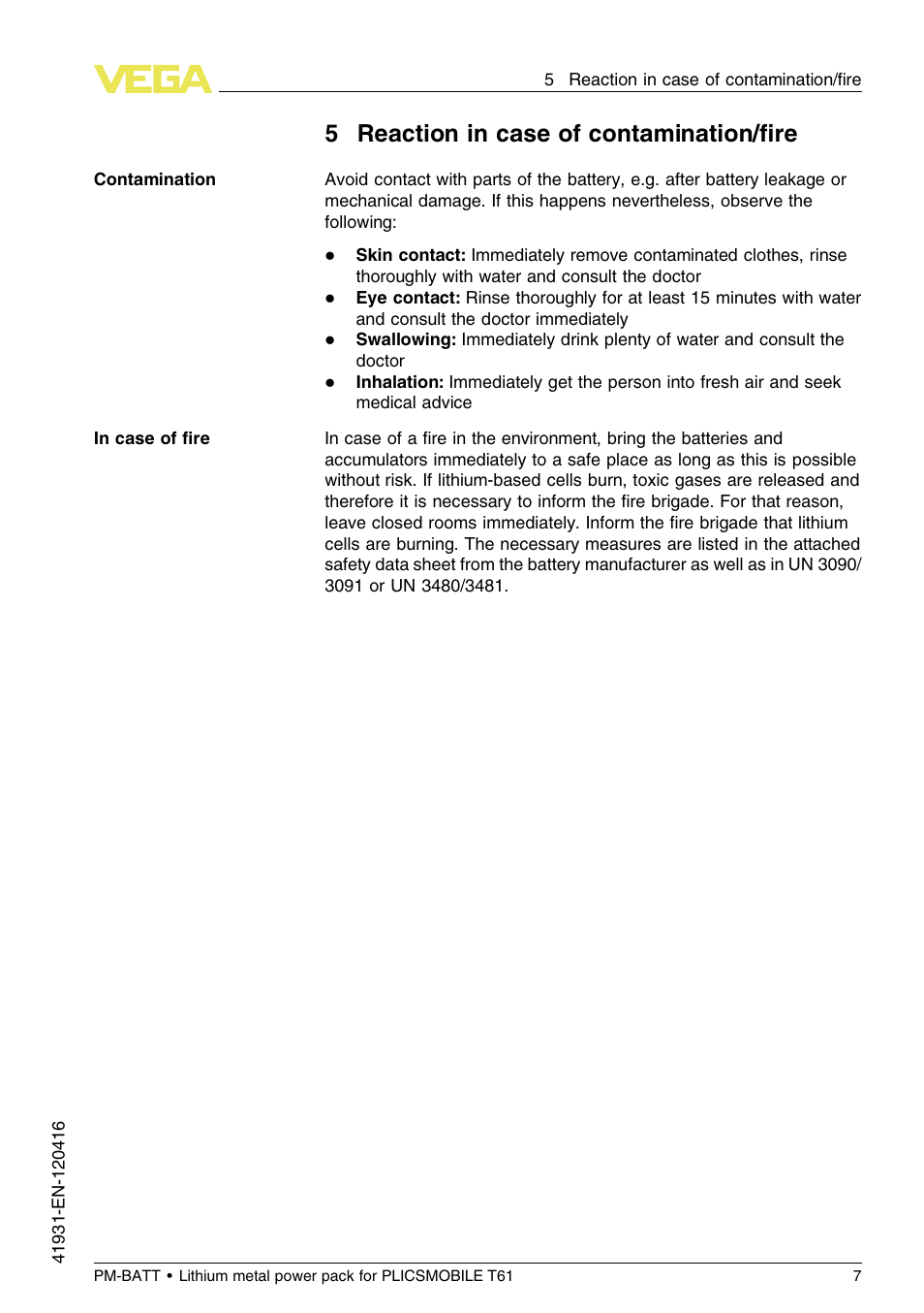 5 reaction in case of contamination/fire, 5reaction in case of contamination/ﬁre | VEGA PM-BATT User Manual | Page 7 / 16