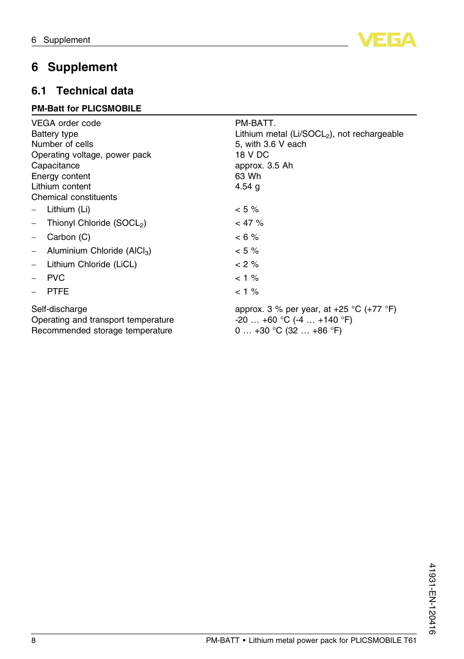 6 supplement, 1 technical data, 6supplement | VEGA PM-BATT User Manual | Page 8 / 16