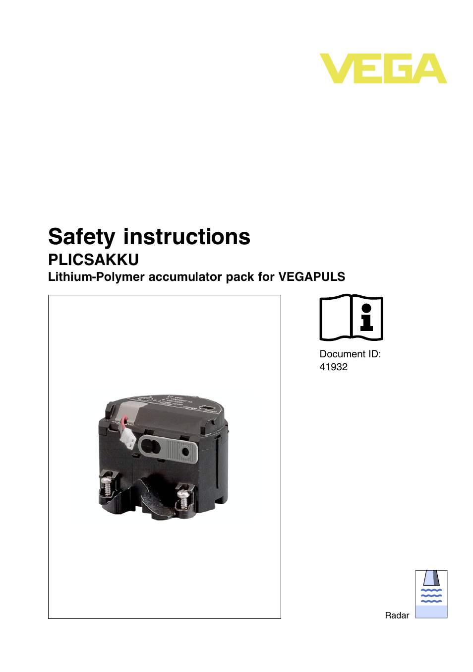 VEGA PLICSAKKU for VEGAPULS Safety instructions User Manual | 20 pages